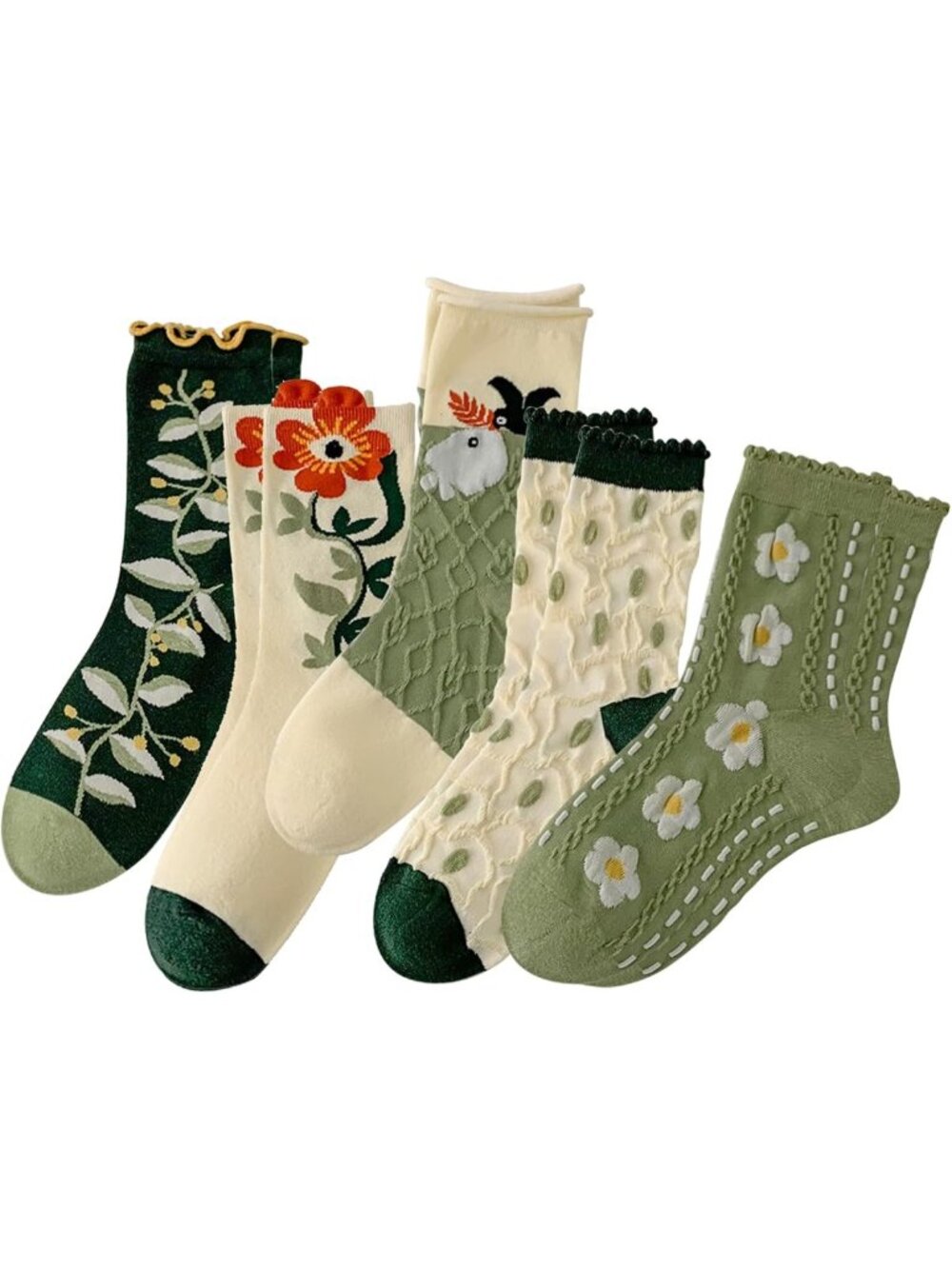 5 Pairs Cute Floral Crew Socks for Women - Embroidered Cottagecore Vintage